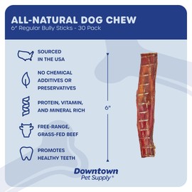 Downtown Pet Supply Bully Sticks for Dogs (6", 30-Pack Regular) Rawhide Free Dog Chews Long Lasting Non-Splintering Pizzle Sticks - USA Sourced Low Odor Bully Sticks for Large Dogs