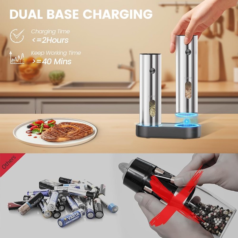Cavir Electric Salt and Pepper Grinder Set with Charging Base,Upgraded