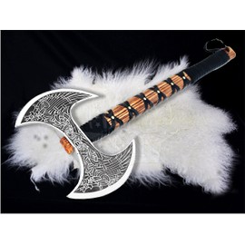 SHINY CRAFTS- Camping Axe Tomahawk Viking Bearded Axe Christmas gifts-27 Long Odin's Double Edge Head Viking Axe Twin Blade Axe with Ash Wood Handle with Genuine Leather Sheath (VBA-0013)