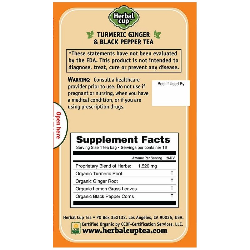 Herbal Cup Ayurveda Turmeric Tea, Organic Ginger & Black Pepper,