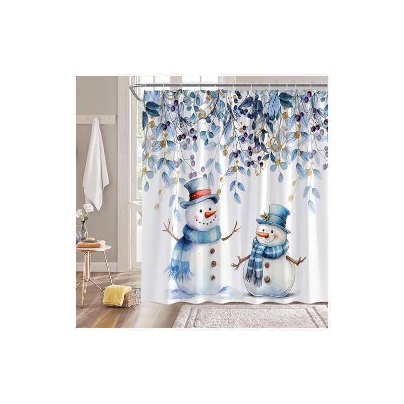 CCXTCZ Christmas Snowman Shower Curtain Cute Blue Snowman Eucalyptus Leaf