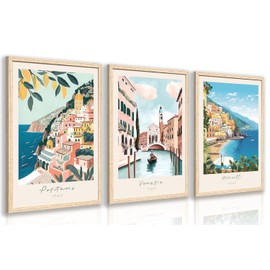 Cyebmo Italy Travel Wall Art, Amalfi Coast Landscape Wall Decor, Blue Venice Coast Canvas Artwork, Italian Modern City Aesthetic Picture for Living Room Bedroom Bathroom Wood Framed 12"x16"x3