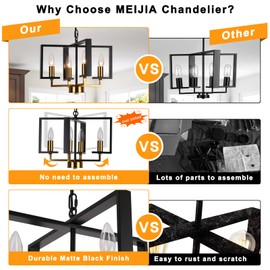 MEIJIA Plug in Chandelier, 4 Light Geometric Black and Gold with Plug in Cord 15FT & Switch, Plug in Hanging Light for Dining Room Living Room Kitchen Bedroom, Outdoor Chandelier for Gazebo