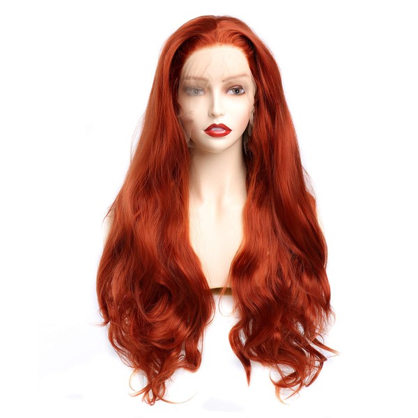 BESTUNG Fashion Glueless Copper Red 61 cm Long Natural Wavy Free Part Lace Front Wigs Heat Resistant Synthetic Hair Wig for Women (Disposable) (Orange)