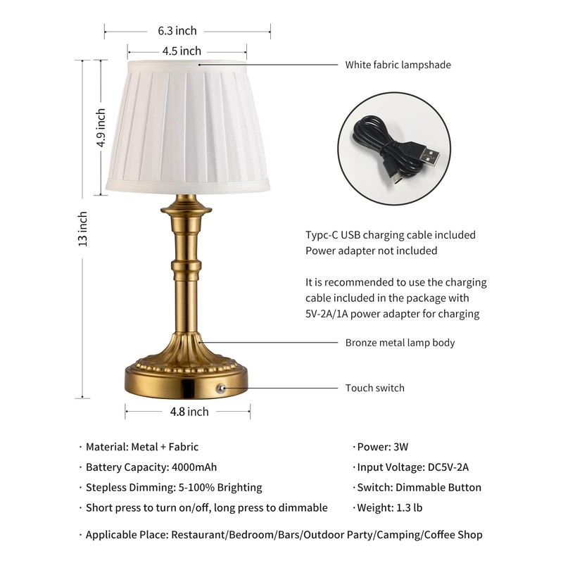 KDG Cordless Portables Table Lamp, LED Fabric Shade Small Desk
