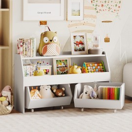 Fulhope Toy Storage Organizer for Kids, Toy Storage Cabinet with Drawers, Boys and Girls Toy Shelf with Wheels, Toy Organizer Kids Bookshelf with Storage for Nursery, Playroom, Bedroom (Light Grey)