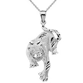 Sideways Crosses High Polish 925 Sterling Silver Full Body Tiger Pendant Necklace, 18"