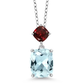 Gem Stone King 925 Sterling Silver Sky Blue Simulated Aquamarine and Red Garnet Pendant Necklace For Women (3.50 Cttw, Gemstone Birthstone, Cushion Cut: 10X8MM and 5MM, with 18 Inch Silver Chain)