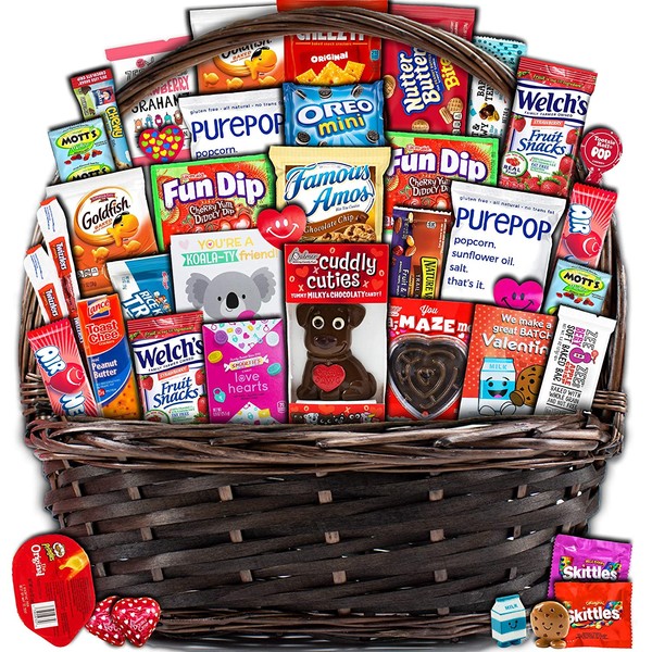 Valentine's Day Basket (40ct) Snacks Chocolates Candy Filled Wrapped Assortment Variety Bundle Crate Present for Boy Girl Friend Student College Child Husband Wife Boyfriend Girlfriend Love Niece