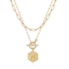IEFWELL Layered Gold Necklaces for Women - 14K Gold Plated Silver Rose Gold Paperclip Chain Necklace Gold Initial Necklaces for Women Toggle Clasp Layered Necklaces for Women Gold Jewelry for Women,
