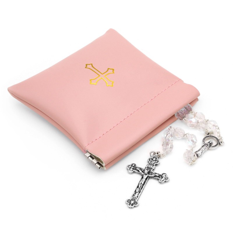 Squeeze-Top Faux Leather Rosary Pouch — Compact Peach Pink Case