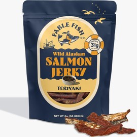 Fable Fish Wild Alaskan Salmon Jerky - Wild Caught Salmon with 31g of Protein - Tasty Fish Jerky with Omega-3s and Natural Source of Collagen - Made with Whole Muscle Sockeye - Teriyaki