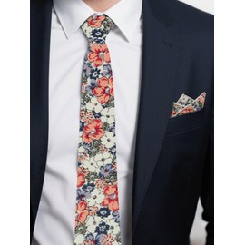 Mantieqingway Floral Ties for Men Cotton Skinny Flower Neckties with Handkerchief Mens Floral Tie for Wedding Graduation