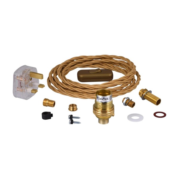 ElekTek Premium Lamp Kit Brass Unswitched B22 Lamp Holder with Twisted Gold Flex, in Line Switch and 3A UK Plug