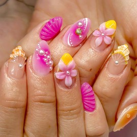3D Flower Press on Nails Medium Almond Pink Yellow French Tip False Nails Cute Fake Nails with Pearl Designs Pink Artificial Nails Gel Acrylic Glue on Nails Summer Stick on Nails for Women 24Pcs
