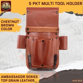 Graintex Ambassador Series 5 Pocket Multi Tool Holder, Top Grain Leather, Small Leather Pouch, Hammer Holder, Multipurpose Tool Belts for Men and Women, Ideal for Carpenters, Framers, Contractors