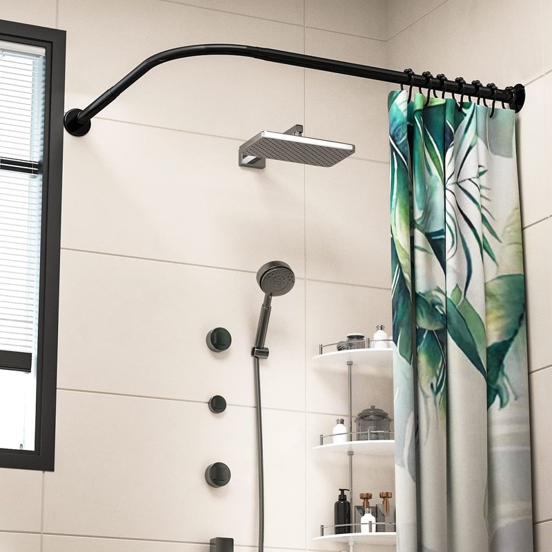 Tanxih Adjustable Corner Shower Curtain Rod L Shaped Black Stretchable