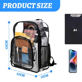 Omevett Clear Backpack Transparent See Through Bag Waterproof Bookbag PVC School Bag with Adjustable Straps for Men Women College Football Game Conventions Concerts Gym Picnic (42 x 33 x 15cm, Black)