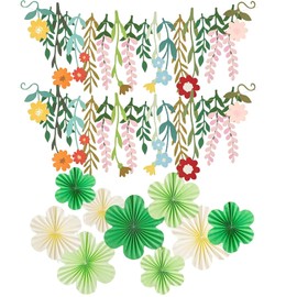 2 Pcs Flower Banner with Paper Flower Fans, Floral Garland Party Decorations for Spring Birthday Wedding Baby Shower Wall Backdrop