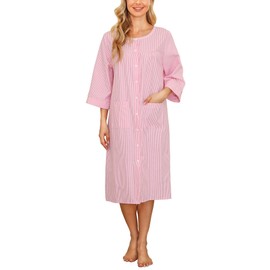 Bloggerlove Womens Snap Front House Coat Dusters House Dresses Moo Moo Nightgown Summer Bathrobes Lightweight Night Dress Sleepwear Pink Stripes M