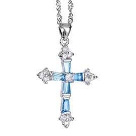 RIZILIA Cross Pendant with 18" Chain & Trapezoid Cut CZ [Simulated Aquamarine] in White Gold Plated, Simple Modern Elegant