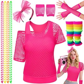 Pack of 10 80s Costume Accessories Set, 1980s Outfits for Women with Mesh Top, Tank Top, Leg Warmers, Mesh Gloves, Necklace, Headband for Girls, Carnival, Cosplay, Theme Party (L)