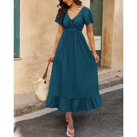BTFBM Womens Summer Dresses 2025 Casual Short Sleeve V Neck Drawstring Wedding Guest Maxi Dresses Boho Beach Long Dress (Lake Blue,Large)
