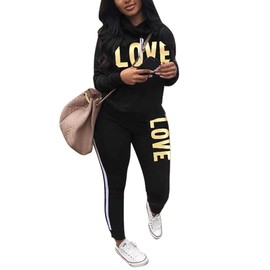 Angsuttc Women's Tracksuit Cowl Neck Long Sleeve Sweatshirt and Sweatpants set Letter Print 2 Piece Outfits Black XL
