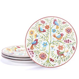 Bico Red Spring Bird Salad Plates Set of 4, 8.75 Inch Ceramic Dessert Plates for Salad, Appetizer, Side Dishes, Microwave and Dishwasher Safe, Gift for Housewarming and Thanksgiving