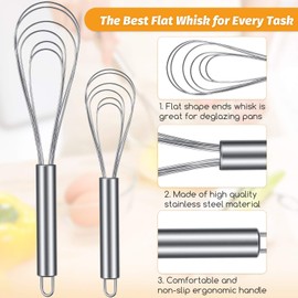 Patelai 2 Pieces Flat Whisk Stainless Steel Flat Wire Egg Whisk Set 8 Inch and 10 Inch Portable Kitchen Sauce Whisks for Cooking Blending Beating Stirring Mixing