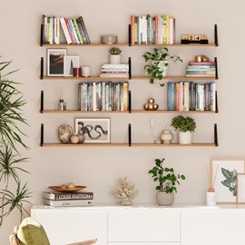 Wallniture Bora 54"x 6" Wall Shelves for Living Room, Bookshelves Wall Mounted, Wood Floating Shelves, Burnt, Wood, Set of 2