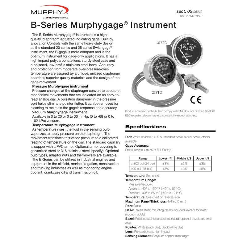Murphy by Enovation Controls 20BPG-300 B-Series Pressure Murphygage (05703164)