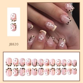 Yellow French French Tip Press on nails Leopard Print Fake Nails Short Square False Nails with Flower Design Leopard Print Glue on Nails Artificial Full Cover Stick on Nails for Women Manicure 24 Pcs