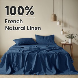 Shilucheng 100% French Linen Sheets - Queen Size Bed Sheets, Breathable & Cooling Pure Linen Sheets,Soft Durable and Tear Resistant -16 Inch Deep Pocket - 4Pcs (Navy Blue, Queen)