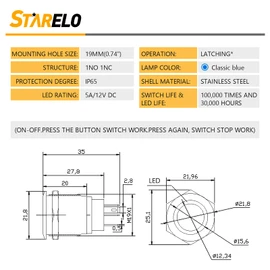 STARELO 5pcs 19mm Latching led Push Button Switch Sliver Shell, IP65 Waterproof Push Button Switch,1NO 1 NC with Wire Socket Plug,Self-Locking with LED(Blue).