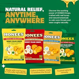 Honees Gotas Rellenas De Miel, Paquete Variado(Miel, Miel Y Limón, Mentol Y Jengibre): Alivio Natural Del Dolor De Garganta, Pastillas Para La Gargant