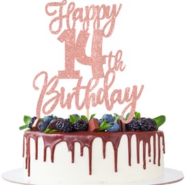 1 decoración para tartas de feliz cumpleaños 14 con purpurina para 14 años de cumpleaños, catorce Hello 14 fabulosas decoraciones para tartas para feliz cumpleaños 14 aniversario, suministros de fiesta de oro rosa