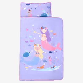 Toddler Nap Mat with Pillow and Blanket, Extra Large 115x65CM Sleeping Bag, Washable, Light, Easy to Roll up, Perfect for Daycare, Preschool, Kindergarten, Travel (Mermaid)