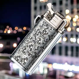 Vintage Metal Grinding Wheel Lighter - Floral Pattern Refillable Butane Torch - Cool Windproof Soft Flame - Men's Gift - Outdoor Kitchen Accessories (No Gas) - Silver