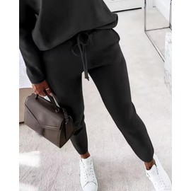 CHICME Casual Lounge Sets for Women Long Sleeve Off The Shoulder Pullover Tops and Pants Matching Set Tracksuit Black-M