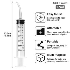 Dental Syringe 12ml Dental Irrigation Syringe with Curved Tip 6 Pcs Accurate Scale Disposable Oral Irrigator for Dental Care Cleaning and Tonsil Stone