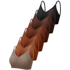 Bencailor 6 Pcs V Neck Bralettes Padded Seamless Bra for Women Wireless Cami Sports with Adjustable Straps(Black, Brown, Dark Brown, Caramel Color, Light Caramel, Milk Coffee Color,S)