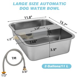 3 Gallon Automatic Dog Water Dispenser, Large Dog Water Bowl Dispenser for Outdoor, Stainless Steel Pet Bowl for Waterer Auto Fill Pet Waterer for Livestock Dogs Cats Chicken Fit 3/4'' GHT Faucet