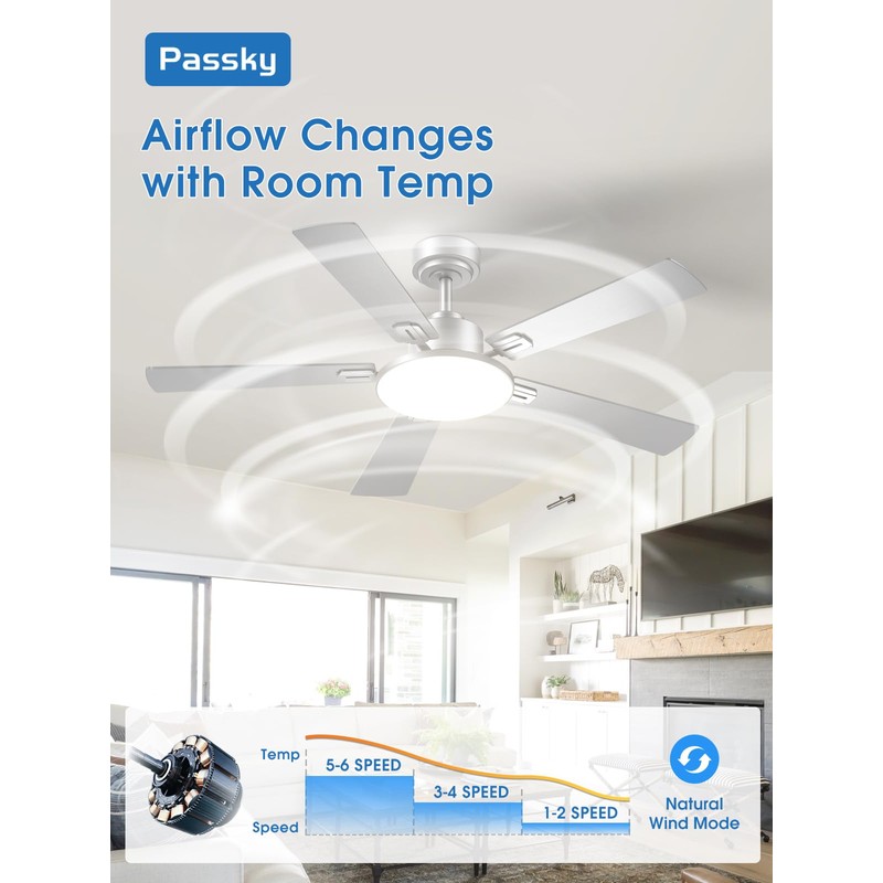 Passky Ceiling Fans with Lights, 52 inch Sleek Ceiling Fan