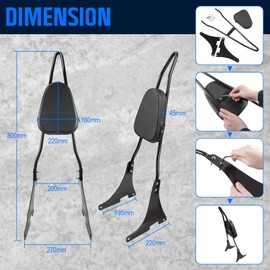 Benlari Gloss Black Detachable Sissy Bar Passenger Backrest Pad Compatible 2004-2024 for Harley Davidson Sportster XL 1200 883 SuperLow Iron 48 (Tall Sissy Bar)