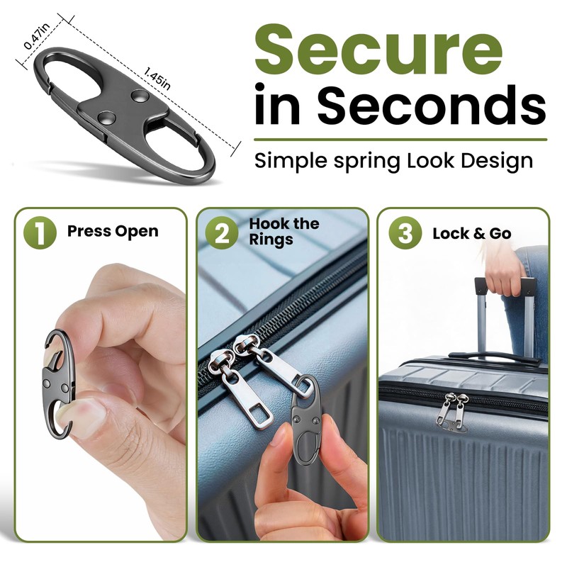 Premium 8 Pcs Anti Theft Zipper Clips, Space Gray (Gunmetal),