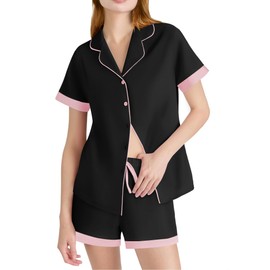 Ekouaer Womens Button Down Pajamas Set Color Block Short Sleeve Sleepwear Summer Soft 2 Piece Lounge Sets Black, Small