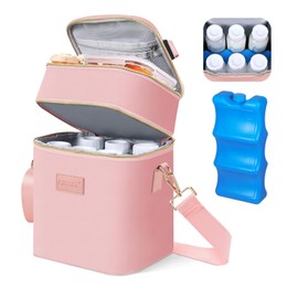PIIOSER Breastmilk Cooler Bag with Ice Pack Fits 6 Baby Bottles Up to 9 Ounce, Insulated Baby Bottle Tote Bags, Double Layer Waterproof Leak-Proof with Shoulder Strap for Nursing & Working Mom (Pink)
