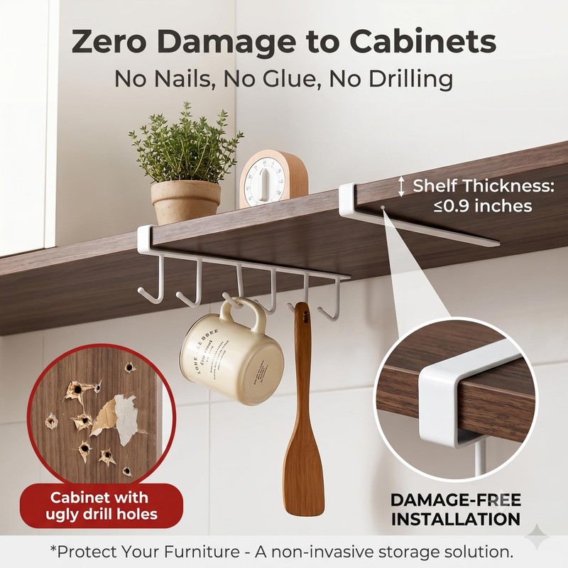 CXY Kitchen Utensil Hanger with 6 Hooks, No Drill Under