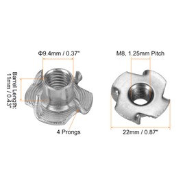 sourcing map M8x11mm T-Nuts 4 Pronged Tee Nut 304 Stainless Steel Threaded Inserts for for Wood, Rock Climbing Holds, Cabinetry, Furniture 25pcs
